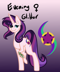 Size: 750x900 | Tagged: safe, artist:eppyminecart, oc, oc only, oc:evening glitter, parent:starlight glimmer, parent:sunset shimmer, parents:shimmerglimmer, species:pony, species:unicorn, icey-verse, ear piercing, earring, female, gradient background, jewelry, magical lesbian spawn, mare, offspring, piercing, purple background, raised hoof, simple background, solo, tattoo