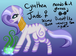 Size: 820x600 | Tagged: safe, artist:eppyminecart, oc, oc only, oc:cyathea jade, parent:rarity, parent:zecora, parents:raricora, species:zebra, species:zony, icey-verse, blue background, female, gradient background, hybrid, interspecies offspring, jewelry, magical lesbian spawn, neck rings, offspring, simple background, solo, zebra oc