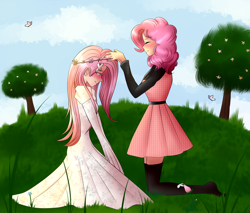Size: 2000x1700 | Tagged: safe, artist:rmariansj, character:fluttershy, character:pinkie pie, species:human, ship:flutterpie, blushing, butterfly, clothing, cloud, cute, dress, eyes closed, female, floral head wreath, flower, grass, humanized, lesbian, shipping, sky, smiling, tree