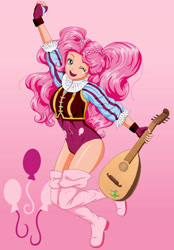 Size: 2032x2916 | Tagged: safe, artist:erim-kawamori, character:pinkie pie, species:human, bard pie, cute, cutie mark background, diapinkes, female, gradient background, humanized, lute, one eye closed, open mouth, solo, wink