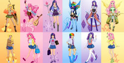 Size: 1600x821 | Tagged: safe, artist:erim-kawamori, character:applejack, character:fluttershy, character:pinkie pie, character:rainbow dash, character:rarity, character:twilight sparkle, species:human, boots, bow (weapon), clothing, converse, cutie mark background, dagger, dress, humanized, leggings, lute, mane six, mary janes, miniskirt, pleated skirt, shoes, singing, skirt, staff, stockings, sword, thigh highs, weapon, zweihander
