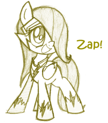 Size: 1052x1200 | Tagged: safe, artist:lilboulder-cloudsdalefillies, character:fluttershy, character:zapp, species:pegasus, species:pony, episode:power ponies, g4, my little pony: friendship is magic, female, filly, filly fluttershy, hair over one eye, monochrome, open mouth, simple background, sketch, smiling, solo, superhero, text, white background, younger