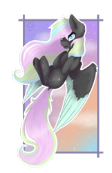 Size: 800x1231 | Tagged: safe, artist:lilrandum, oc, oc:black butterfly, species:pegasus, species:pony, art trade, cutie mark, detailed, detailed background, detailed eyes, detailed hair, female, full body, fullbody, gray coat, happy, long hair, long mane, mare, open mouth, pastel colors, shading, simple background, sky, solo, sunset, transparent background, white outline