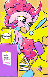 Size: 1900x3000 | Tagged: safe, artist:itsalwayspony, character:pinkie pie, species:earth pony, species:pony, book, bread, cookie, cookie jar, female, food, ladle, mare, note, paper, toast, toaster