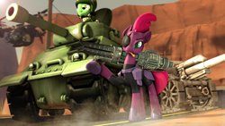Size: 1920x1080 | Tagged: safe, artist:jachau, character:tempest shadow, species:pony, species:unicorn, my little pony: the movie (2017), 3d, army, cannon, cigar, day, desert, dust, eyepatch, fallout, female, helicopter, imperial guard, looking at you, mare, road, source filmmaker, tank (vehicle), vertibird
