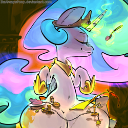 Size: 3000x3000 | Tagged: safe, artist:itsalwayspony, character:princess celestia, species:alicorn, species:pony, belly button, cake, crown, disproportional anatomy, eyes closed, female, food, glowing horn, jewelry, magic, mare, regalia, scale, smiling, solo, wide hips