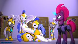 Size: 1920x1080 | Tagged: safe, artist:jachau, character:tempest shadow, species:pony, my little pony: the movie (2017), 3d, armor, female, fight, lying down, magic, male, mare, royal guard, source filmmaker, stallion, standing, training