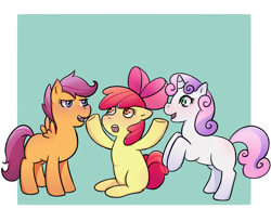 Size: 1000x819 | Tagged: safe, artist:guiltyp, character:apple bloom, character:scootaloo, character:sweetie belle, species:pony, cutie mark crusaders, sitting