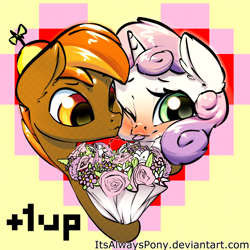 Size: 3000x3000 | Tagged: safe, artist:itsalwayspony, character:button mash, character:sweetie belle, species:pony, blushing, bouquet, buttonbetes, colt, cute, female, filly, flower, heart, male, one eye closed, shipping, squishy cheeks, straight, sweetiemash, tongue out