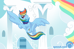 Size: 1000x667 | Tagged: dead source, safe, artist:alienfirst, character:rainbow dash, species:pegasus, species:pony, g4, adobe imageready, cloudsdale, female, flying, mare, solo