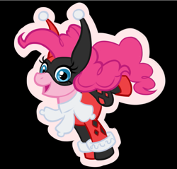 Size: 755x723 | Tagged: dead source, safe, artist:alienfirst, character:pinkie pie, species:earth pony, species:pony, g4, abstract background, batman, cosplay, crossover, female, harley quinn, mare, solo