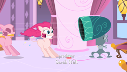 Size: 1280x720 | Tagged: safe, artist:mehoep, edit, edited screencap, editor:slayerbvc, screencap, character:pinkie pie, species:earth pony, species:pony, episode:the best night ever, g4, my little pony: friendship is magic, carousel boutique, cartoon physics, cutie mark, female, furless, furless edit, hair dryer, mare, nude edit, nudity, pinkie being pinkie, pinkie physics, shaved, shaved tail, solo, vector, vector edit, wardrobe malfunction