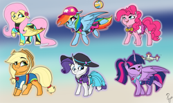 Size: 1600x952 | Tagged: safe, artist:poowndraww, character:applejack, character:fluttershy, character:pinkie pie, character:rainbow dash, character:rarity, character:twilight sparkle, character:twilight sparkle (alicorn), species:alicorn, species:crab, species:earth pony, species:pegasus, species:pony, species:unicorn, :3, applejack's hat, baseball cap, bow tie, cap, chibi, clothing, cowboy hat, drone, equestria girls outfit, equestria girls ponified, eyes closed, female, gradient background, hat, looking at you, mane six, mare, midriff, ponified, sports, swimsuit, volleyball, wetsuit