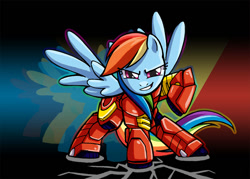 Size: 1000x717 | Tagged: safe, artist:alienfirst, character:rainbow dash, species:pegasus, species:pony, g4, abstract background, action pose, cosplay, crossover, female, iron man, mare, solo