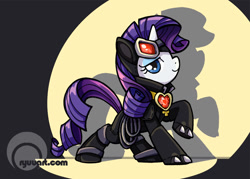 Size: 1000x717 | Tagged: safe, artist:alienfirst, character:rarity, species:pony, species:unicorn, g4, batman, catwoman, clothing, cosplay, costume, crossover, dc comics, female, fire ruby, mare, raised hoof, solo, spotlight