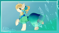 Size: 1920x1080 | Tagged: safe, artist:dankpegasista, character:sweet biscuit, blue, clothing, diamonds, dress, fancy, female, gold, gradient background