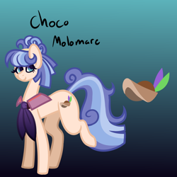 Size: 800x800 | Tagged: safe, artist:eppyminecart, oc, oc only, oc:choco molomare, parent:coco pommel, parent:suri polomare, parents:cocopolo, species:earth pony, species:pony, icey-verse, blue background, female, gradient background, magical lesbian spawn, mare, next generation, offspring, simple background, solo
