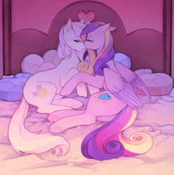 Size: 2188x2207 | Tagged: safe, artist:serafelis, character:fleur-de-lis, character:princess cadance, species:alicorn, species:pony, species:unicorn, ship:fleurdance, bed, cutie mark, female, heart, horn, infidelity, lesbian, lying down, mare, nuzzling, pillow, shipping, wings