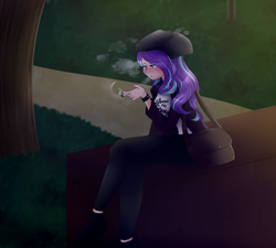 Size: 2000x1800 | Tagged: safe, artist:rmariansj, character:starlight glimmer, species:human, blowing, cigarette, clothing, crossed legs, female, grass, humanized, pants, shoulder bag, smoking, solo, tree