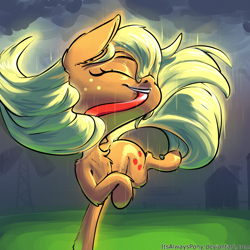 Size: 3000x3000 | Tagged: safe, artist:itsalwayspony, character:applejack, species:pony, eyes closed, female, hair ribbon, loose hair, mouth hold, rain, solo