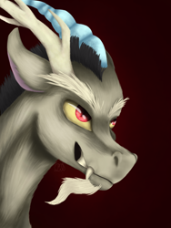 Size: 600x800 | Tagged: safe, artist:lilrandum, character:discord, species:draconequus, bust, detailed, detailed eyes, fangs, grin, horns, lineless, lineless art, male, portrait, red eyes, shading, smiling, solo, teeth