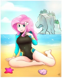 Size: 1586x2000 | Tagged: safe, artist:oyedraws, character:fluttershy, equestria girls:forgotten friendship, g4, my little pony: equestria girls, my little pony:equestria girls, barefoot, beach, breasts, busty fluttershy, clothing, feet, female, human coloration, ocean, one-piece swimsuit, rock horse, sand, solo, swimsuit, wetsuit
