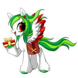 Size: 1000x1000 | Tagged: safe, artist:kronilix, oc, oc only, species:pegasus, species:pony, holly, hoof hold, pegasus oc, present, saddle bag, simple background, unshorn fetlocks, white background, wings