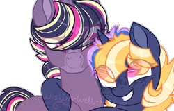 Size: 1289x826 | Tagged: safe, artist:wishing-well-artist, oc, oc only, oc:cosmic stardust, oc:sunshine anomaly, parent:flash sentry, parent:shadow lock, parent:twilight sparkle, parents:flashlight, parents:twilock, species:pony, species:unicorn, female, half-siblings, half-sisters, mare, offspring, simple background, transparent background