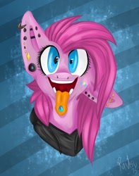 Size: 1400x1777 | Tagged: safe, artist:pprinceran, artist:prince-ran, character:pinkamena diane pie, character:pinkie pie, species:pony, abstract background, alternate hairstyle, alternative cutie mark placement, big ears, bust, clothing, crazy face, ear piercing, earring, faec, female, hoodie, jewelry, looking at you, mare, open mouth, piercing, punk, punkamena, punkie pie, solo, tongue out, tongue piercing