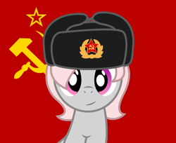 Size: 1082x883 | Tagged: safe, artist:darkstorm619, oc, oc:violet, species:earth pony, species:pony, april fools 2018, april fools joke, clothing, communism, cute, female, hammer and sickle, hat, looking at you, mare, ocbetes, red background, simple background, smiling, solo, soviet union, stars, ushanka