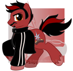 Size: 900x873 | Tagged: safe, artist:immortaltanuki, angry joe, angry joe show, clothing, jacket, looking at you, moustache, ponified, smiling, smirk, unshorn fetlocks