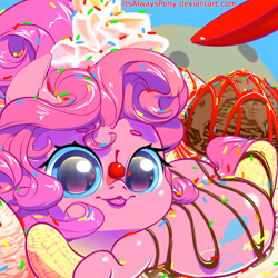 Size: 3000x3000 | Tagged: safe, artist:itsalwayspony, character:pinkie pie, banana, cherry, chocolate syrup, cute, diapinkes, food, ice cream, ice cream sundae, sundae, whipped cream