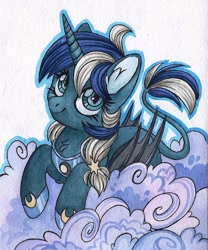 Size: 1013x1215 | Tagged: safe, artist:red-watercolor, oc, oc only, species:alicorn, species:bat pony, species:pony, ahoge, bat pony alicorn, bat pony oc, braid, chest fluff, cloud, cute, ear fluff, female, guardsmare, leg fluff, leonine tail, looking at you, mare, night guard, simple background, smiling, solo, traditional art, watercolor painting, white background