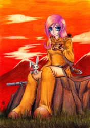 Size: 900x1275 | Tagged: safe, artist:lavosvsbahamut, character:angel bunny, character:fluttershy, species:human, clothing, crossover, female, humanized, looking at you, nausicaa of the valley of the wind, sitting, skirt, studio ghibli, traditional art