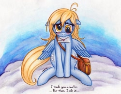 Size: 750x583 | Tagged: safe, artist:lavosvsbahamut, character:derpy hooves, species:pegasus, species:pony, bag, blushing, cloud, female, floppy ears, letter, looking at you, love letter, mare, sitting, solo, traditional art