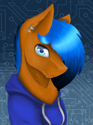 Size: 800x1068 | Tagged: safe, artist:lilrandum, oc, oc:xxenocage, blue background, blue eyes, blue hair, bust shot, circuit, clothing, detailed eyes, detailed hair, hair over one eye, hoodie, lineless, male, piercing, shading, simple background, smiling, solo, textured