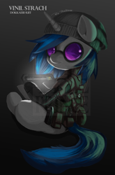 Size: 2053x3118 | Tagged: safe, artist:theprince, character:dj pon-3, character:vinyl scratch, species:pony, species:unicorn, beanie, clothing, crossover, dokkaebi, female, glasses, gradient background, hacker, hat, korean, looking over shoulder, mare, rainbow six siege, sitting, solo, tablet, uniform, vinyl's glasses, watermark