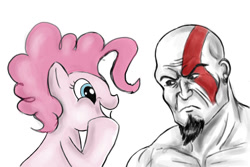 Size: 900x600 | Tagged: safe, artist:neroscottkennedy, character:pinkie pie, species:human, crossover, god of war, grin, kratos, looking at each other, simple background, smiling, unamused, white background