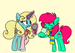 Size: 1631x1152 | Tagged: safe, artist:robiinart, oc, oc only, oc:minty split, oc:seafoam breeze, species:earth pony, species:pony, species:unicorn, ascot, clothing, eyes closed, female, food, ice cream, licking, mare, mother and daughter, scarf, tongue out