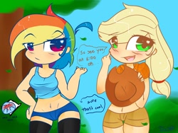 Size: 1024x768 | Tagged: safe, artist:kikiluv17, character:applejack, character:rainbow dash, ship:appledash, belly button, clothing, humanized, shipping, tank top, wide hips