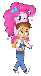 Size: 1024x1877 | Tagged: safe, artist:seishinann, commissioner:imperfectxiii, character:pinkie pie, oc, oc:copper plume, my little pony:equestria girls, blushing, bow, canon x oc, chibi, clothing, commission, converse, copperpie, cute, diapinkes, freckles, glasses, heart, neckerchief, one eye closed, pants, pantyhose, sandals, shirt, shoes, shoulder ride, simple background, skirt, smiling, sneakers, transparent background, watermark
