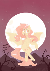 Size: 2819x4000 | Tagged: safe, artist:chepelitaxd, character:flutterbat, character:fluttershy, species:bat, species:bat pony, species:pony, ear fluff, fangs, female, flying, full moon, looking up, mare, moon, mountain, night, open mouth, race swap, red sky, signature, solo, spread wings, starry night, wings