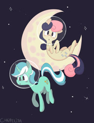 Size: 3071x4000 | Tagged: safe, artist:chepelitaxd, character:bon bon, character:lyra heartstrings, character:sweetie drops, species:earth pony, species:pony, species:unicorn, bubble helmet, curved horn, duo, female, moon, ponies in space, space, space helmet, tangible heavenly object