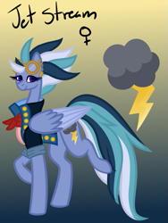 Size: 677x900 | Tagged: safe, artist:eppyminecart, oc, oc only, oc:jet stream (ice1517), parent:indigo zap, parent:night glider, parents:indiglider, species:pegasus, species:pony, icey-verse, bandana, clothing, ear piercing, earring, female, goggles, gradient background, jacket, jewelry, magical lesbian spawn, mare, offspring, piercing, solo