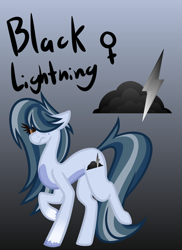 Size: 654x900 | Tagged: safe, artist:eppyminecart, oc, oc only, oc:black lightning (ice1517), parent:indigo zap, parent:night glider, parents:indiglider, species:pegasus, species:pony, icey-verse, female, gradient background, hair over one eye, magical lesbian spawn, mare, offspring, solo, unshorn fetlocks, wingless