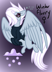 Size: 615x850 | Tagged: safe, artist:eppyminecart, oc, oc only, oc:winter flurry, parent:indigo zap, parent:night glider, parents:indiglider, species:pegasus, species:pony, icey-verse, clothing, female, glasses, gradient background, hair over one eye, magical lesbian spawn, mare, offspring, solo, sweater