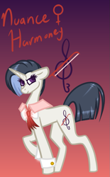 Size: 559x900 | Tagged: safe, artist:eppyminecart, oc, oc only, oc:nuance harmoney, parent:octavia melody, parent:vinyl scratch, parents:scratchtavia, species:pony, species:unicorn, icey-verse, annoyed, bow tie, female, gradient background, magical lesbian spawn, mare, offspring, solo