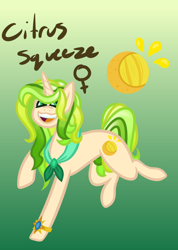 Size: 596x835 | Tagged: safe, artist:eppyminecart, oc, oc only, oc:citrus squeeze, parent:lily lace, parent:sunshine smiles, parents:sunlace, species:pony, species:unicorn, icey-verse, bracelet, female, female symbol, gradient background, jewelry, magical lesbian spawn, mare, offspring, open mouth, solo