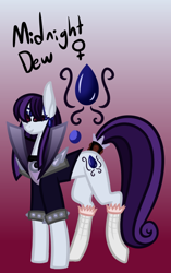 Size: 458x731 | Tagged: safe, artist:eppyminecart, oc, oc only, oc:midnight dew (ice1517), parent:inky rose, parent:moonlight raven, parents:inkyraven, species:earth pony, species:pony, icey-verse, clothing, collar, female, goth, gradient background, jacket, jewelry, magical lesbian spawn, mare, offspring, socks, solo, spiked wristband, stockings, thigh highs, wristband