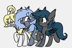 Size: 2018x1353 | Tagged: safe, artist:robiinart, oc, oc only, oc:panne, oc:primrose, oc:speck, species:bat pony, species:pony, bat pony oc, commission, cute, cute little fangs, digital art, fangs, female, glasses, gray background, grumpy, mare, open mouth, simple background, smiling, trio, trotting, walking